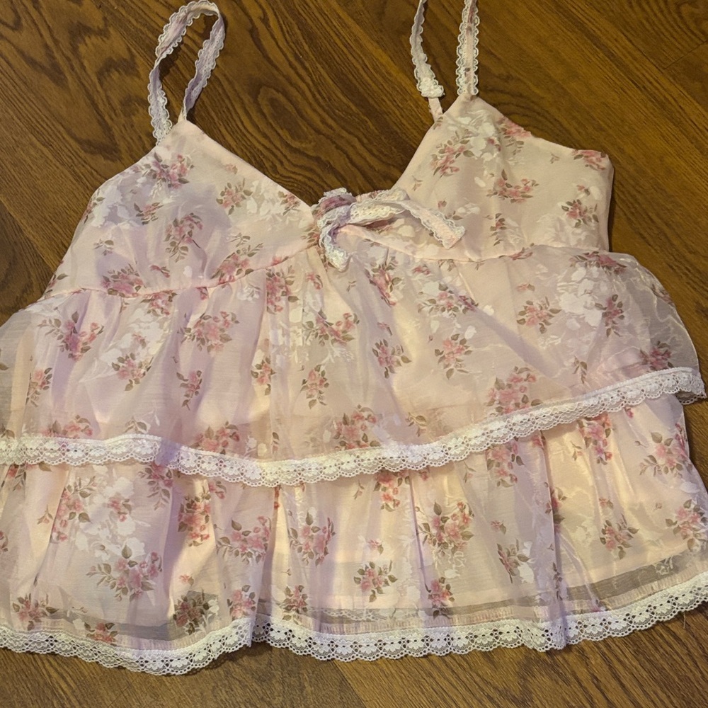 NWT Peach Love California Pink Floral Chiffon lace Tank with Peach Love shorts - Picture 2 of 14